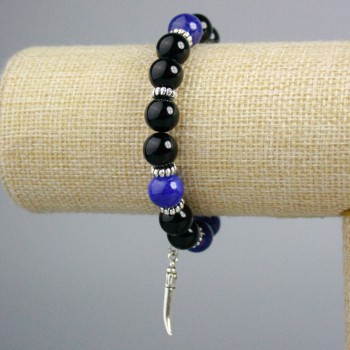 Black Agate and Lapis Lazuli Bracelet (artificial acrylic) smooth beads, 10 mm diameter ±, with silver-tone wolf inserts, length 18 cm ± (stretch)