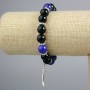 Black Agate and Lapis Lazuli Bracelet (artificial acrylic) smooth beads, 10 mm diameter ±, with silver-tone wolf inserts, length 18 cm ± (stretch)