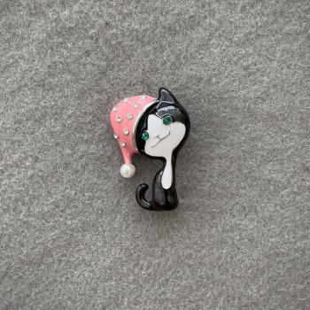 Cat Brooch in Black and Pink Enamel with White and Green Crystals, Silver Metal, 35x23mm+