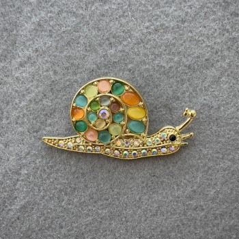 Brooch 'Snail' with Multicolored Cat's Eye and Rhinestones, Light-Gold Metal 28x55mm+