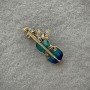 Brooch 'Violin' with light blue and blue enamel and rhinestones, golden metal, 47×24 mm