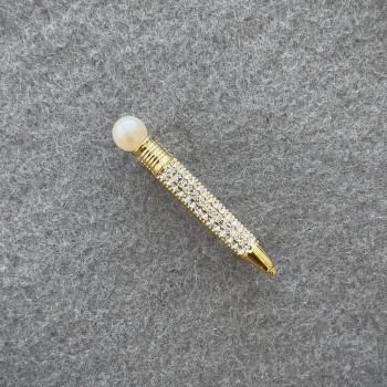 Brooch Pen with White Rhinestones and Pearl, Golden Metal 37×6 mm+