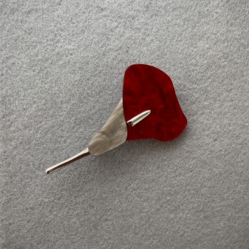 Calla Flower Brooch red and gray mother-of-pearl, silver metal 76×44 mm+