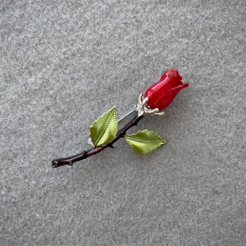 Brooch Red Rose with Enamel, Silver-Tone Metal 60×26 mm+
