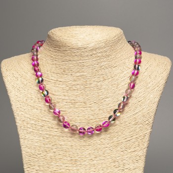 Opal Glass Necklace 'Raspberry Chameleon' Smooth Bead, 8 mm diameter, 49 cm length