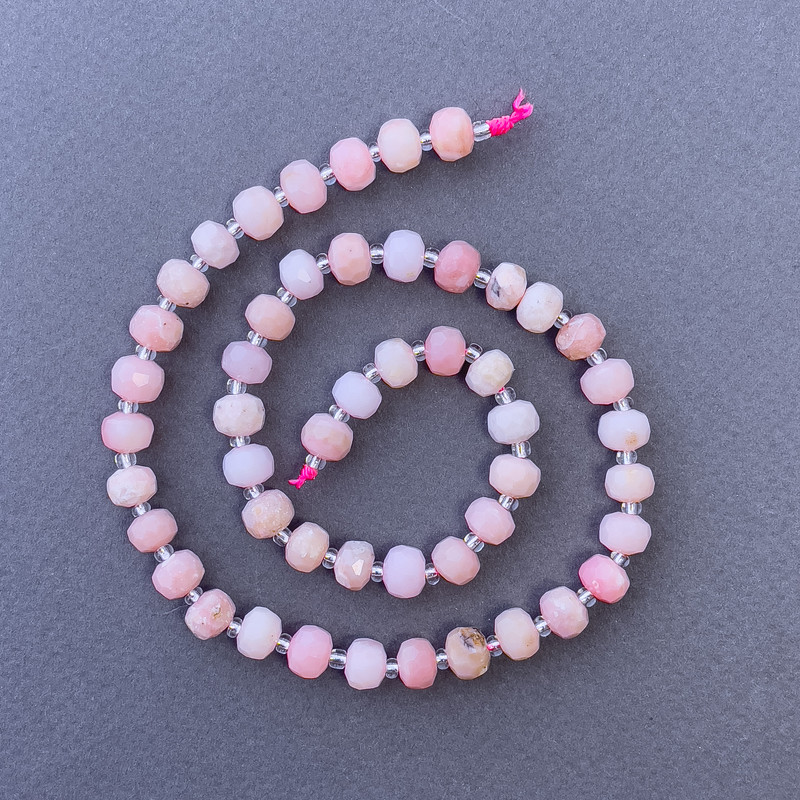 Pink Opal Beads, natural stone, faceted rondelle on thread, diameter 7.5×6 mm, length 39 cm, with 3×2 mm seed beads