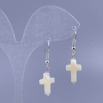 White mother-of-pearl cross earrings, 10×15 mm diameter, 36 mm long