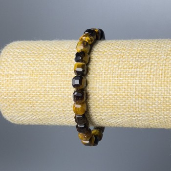 Tiger's Eye Bracelet, Natural Stone, Faceted Cube, 7 mm Diameter +/-, Length 18 cm (Stretch)