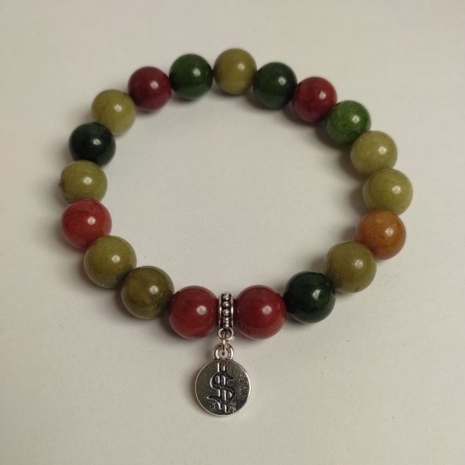 Assorted bracelet with natural stones, smooth beads, diameter about 10.5 mm, length 18 cm (stretch) with metal inserts