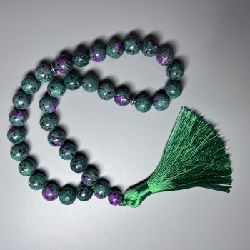 Mala beads of natural zoisite, smooth round beads, diameter about 12 mm (+/-), 33 beads, with metal inserts