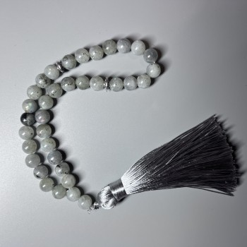 Labradorite Mala Beads, natural stone, smooth 8 mm beads, 33 beads, with metal inlays