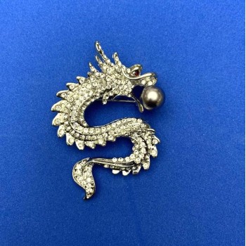 Dragon Brooch in Silver Metal, White Crystals, Gray Bead, 45x64mm