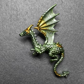 Dragon Brooch Olive-Green and Yellow Enamel, Silver-Toned Metal 42×66 mm