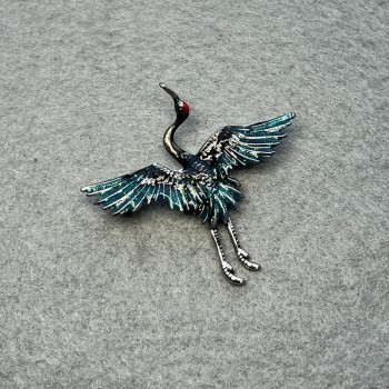 Crane Brooch with Black and Green Enamel, Silver-Toned Metal 47x45 mm