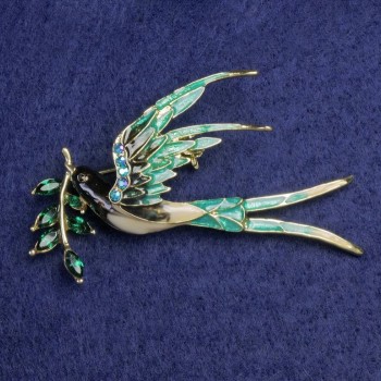 Beige and Green Enamel Swallow Brooch with Twig, Green Crystals, Blue Rhinestones, Gold-Tone Metal 62×48mm