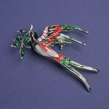 Brooch 'Swallow with Sprig' red and green enamel, green crystals, pink rhinestones, gold-tone metal 62×48 mm