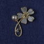 Brooch 'Flower' Gray Mother-of-Pearl, Crystal, Bead, Golden Metal 33x51mm
