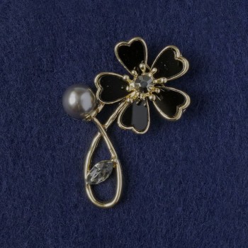 Brooch Flower black mother-of-pearl, crystal, bead, golden metal 33×51 mm