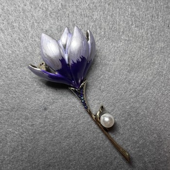 Brooch Magnolia Flower, lilac and purple enamel, blue crystals, white bead, gold-tone metal 29×65mm
