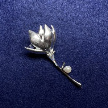 Magnolia Flower Brooch with Silver Crystals, Enamel, Bead, Metal 29x65mm