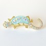Lizard Brooch with Blue Aquarium Effect, White and Pink Rhinestones, Golden Metal 24×71 mm