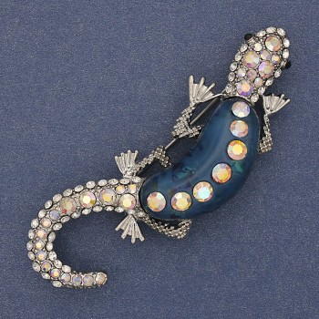 Lizard Brooch with Blue Aquarium Effect, White and Pink Rhinestones, Silver-Tone Metal 24x71 mm