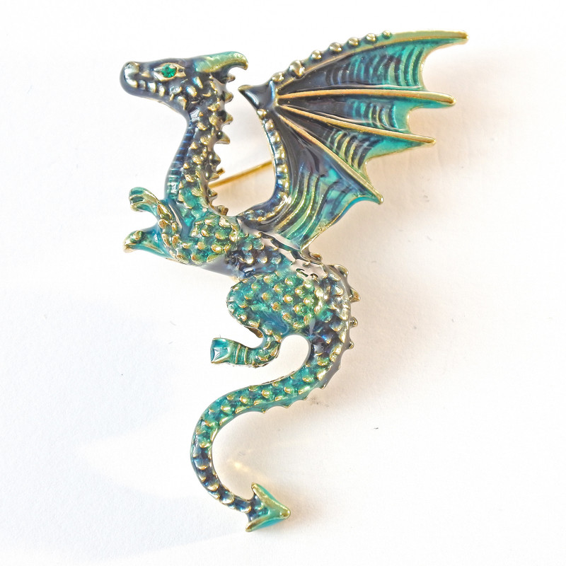 Dragon Brooch, green enamel, gold-colored metal, 42×66 mm