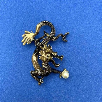 Dragon Brooch in Brown and Beige Enamel, White Bead, Golden Metal 41×51 mm