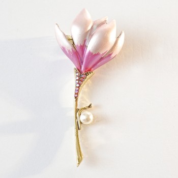 Brooch Magnolia Flower pink and purple enamel, pink rhinestones, white bead, gold-toned metal 29x65mm