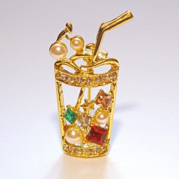 Cocktail Brooch with Multicolored Rhinestones and Beads, Gold-Tone Metal 15x35mm