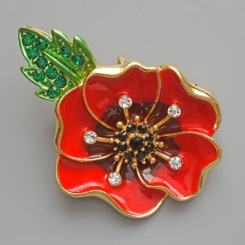 Poppy brooch pendant red and green enamel, white and green crystals, golden metal 38x45mm