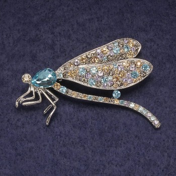 Butterfly brooch-pendant with blue crystal, multicolored rhinestones, silver-toned metal 55x35 mm