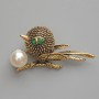 Bird Brooch-Pendant with Green Crystals, White Bead, Gold-Tone Metal 46x24 mm