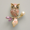 Owl brooch-pendant with pink enamel, pink crystals, white bead, gold-tone metal 31x38mm