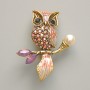 Owl brooch-pendant with pink enamel, pink crystals, white bead, gold-tone metal 31x38mm