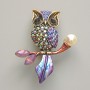 Owl brooch-pendant with purple enamel, purple crystals, white bead, gold-tone metal 31x38mm