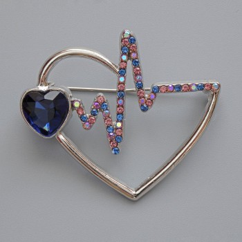 Heart Brooch with Blue Crystal, Multicolored Rhinestones, Silver-Toned Metal 46x40mm