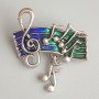 Brooch 'Notes' green and blue enamel, silver-tone metal 33×26mm