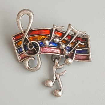 Brooch 'Notes' with Multicolor Enamel, Silver-Toned Metal, 33×26 mm