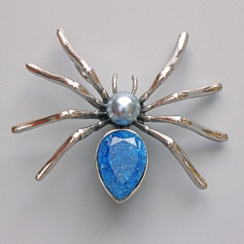 Spider brooch pendant blue aquarium effect, gray bead, silver-tone metal 45×39mm