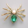 Brooch Pendant Spider with Green Crystal, White Bead, Gold-Tone Metal 45×39mm