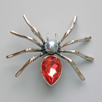 Brooch-pendant Spider with red crystal, gray bead, silver-tone metal 45×39mm