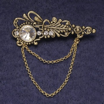 Accent Brooch with White Rhinestones and Crystal, Golden Metal 55×22 mm