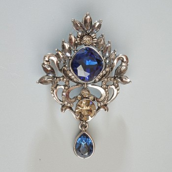 Accent blue and gray crystals brooch-pendant, gray rhinestones, silver-tone metal 40×58 mm