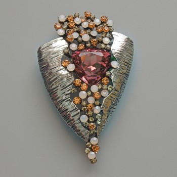 Accent brooch-pendant with pink crystal, black, white and yellow rhinestones, silver-tone metal 41x65mm