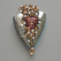 Accent brooch-pendant with pink crystal, black, white and yellow rhinestones, silver-tone metal 41x65mm