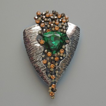 Accent Brooch-Pendant with Green Crystal, Black and Yellow Rhinestones, Silver-Colored Metal 41x65mm