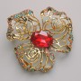 Flower Brooch-Pendant with Red Crystal, Multicolored Rhinestones, Gold-Tone Metal 51×51 mm