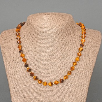 Tiger's Eye Necklace, natural stone, faceted diamond-cut beads, 8x8 mm diameter, 49 cm length, with seed beads