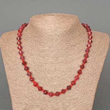 Rubellite Tourmaline Necklace, Natural Stone, Faceted Rhombuses 8x8 mm, Length 49 cm, with Seed Beads